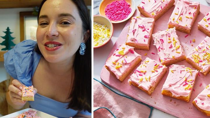 a woman holding a piece of cake next to a plate with pink frosting and sprinkles