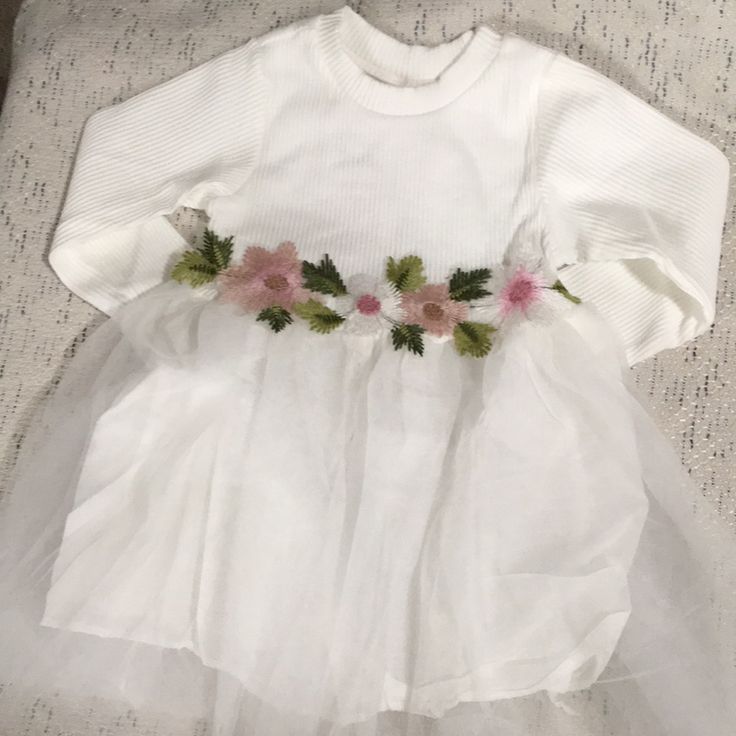 Baby Girl Long Sleeve Tulle Puffy Dress Floral Embroidered Waist Detail Size 12 Months 90% Cotton Cute Floral Applique Tutu Dress For Dress-up, Cute Tutu Dress With Floral Applique For Dress-up, Long Sleeve Tutu Dress For Dress-up In Spring, Long Sleeve Tutu Dress For Spring Dress-up, Spring Baptism Dress With Long Sleeves And Ruffles, Spring Long Sleeve Baptism Dress With Ruffles, Spring Long Sleeve Ruffle Baptism Dress, Summer Long Sleeve Tulle Tutu Dress, Spring Baptism Long Sleeve Tutu Dress