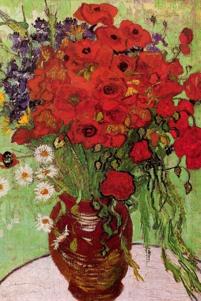 a painting of red flowers in a vase on a table