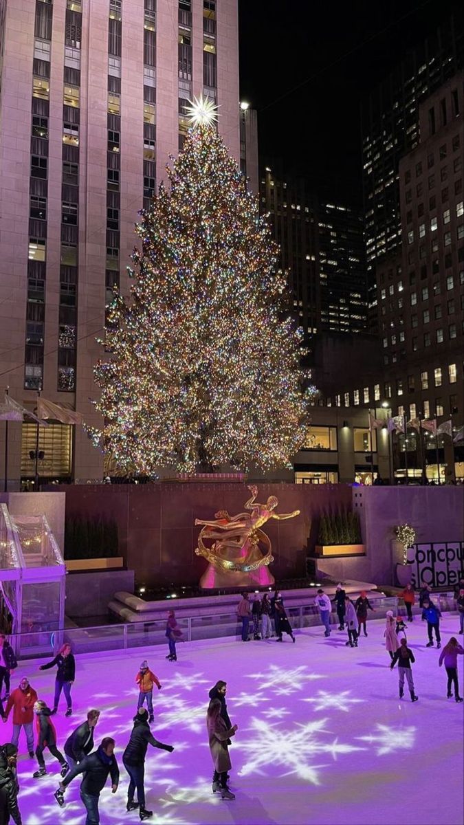 people skating on an ice rink in front of a christmas tree