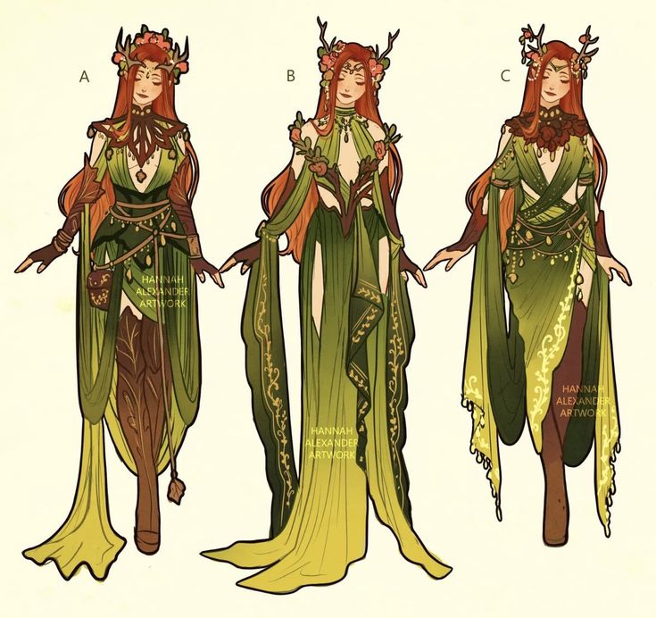 three different views of a woman with red hair and green clothing, one wearing a crown