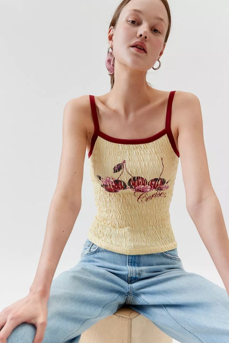 Smocked Fruit Print Tank Top | Urban Outfitters Women's Graphic Tees, Vintage Graphic Tees, Urban Outfitters Clothes, Vintage Tank Top, Vintage Tank, Print Tank Top, Fruit Print, Graphic Tops, Top Graphic Tees