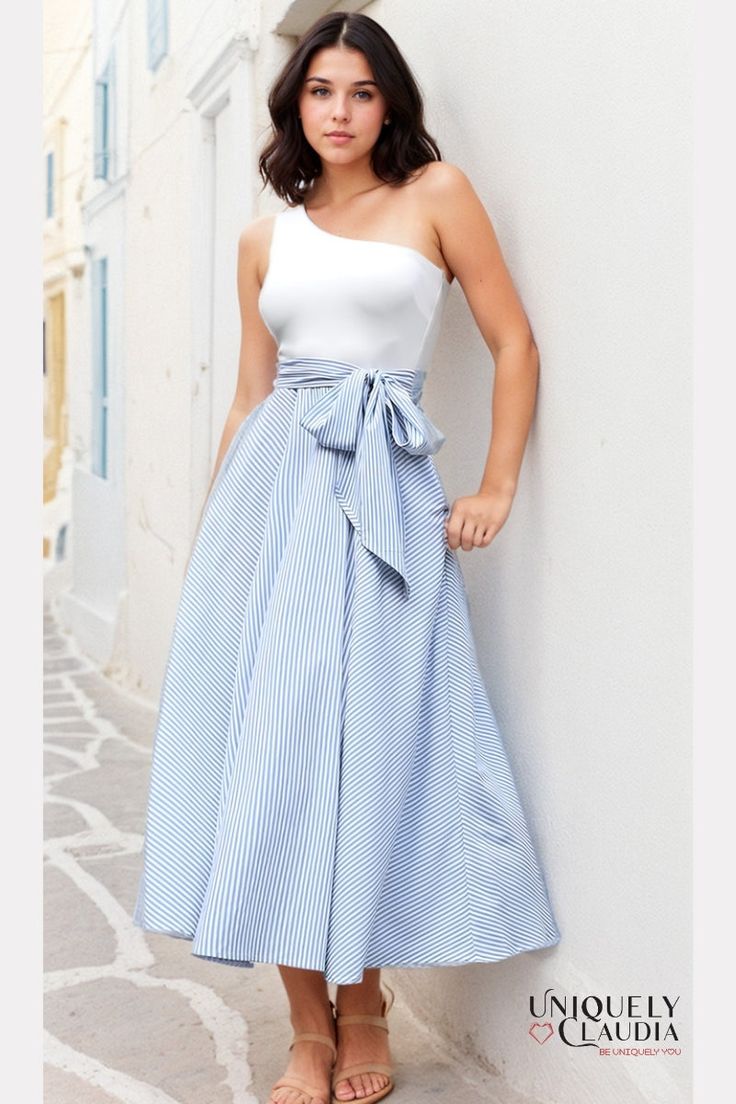 Sabrina Striped One-Shoulder Maxi Dress | Uniquely Claudia Boutique Elegant White One-shoulder Maxi Dress, Elegant White One Shoulder Maxi Dress, White One-shoulder Maxi Dress For Summer, White One-shoulder Midi Dress For Spring, White One Shoulder Midi Dress For Spring, White One Shoulder Midi Dress For Summer, Chic White Off-shoulder Maxi Dress, Elegant Striped Maxi Dress For Spring, Striped Maxi Dress For Summer Evenings