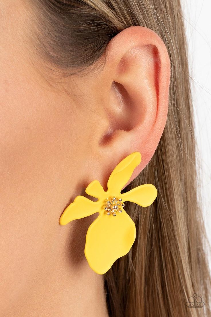 Featuring a golden studded center, asymmetrical Illuminating petals bloom into an abstract flower for a tropical inspired look. Earring attaches to a standard post fitting.   Sold as one pair of post earrings. Raw Stone Earring, Laser Cut Wood Earrings, Emerald Green Earrings, Dog Earrings, Dog Jewelry, Yellow Earrings, Tiny Stud Earrings, Small Earrings Studs, Abstract Flower