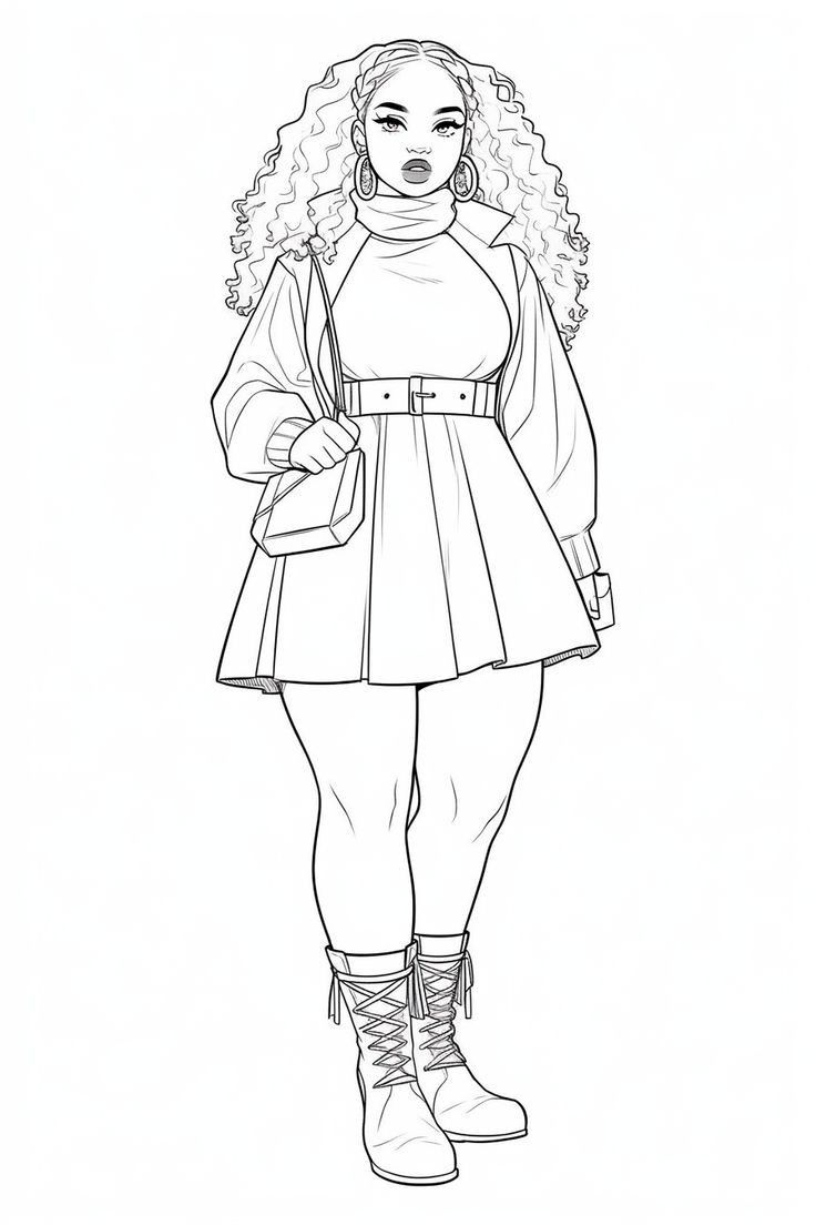 a black and white drawing of a girl with curly hair in a dress, boots and scarf