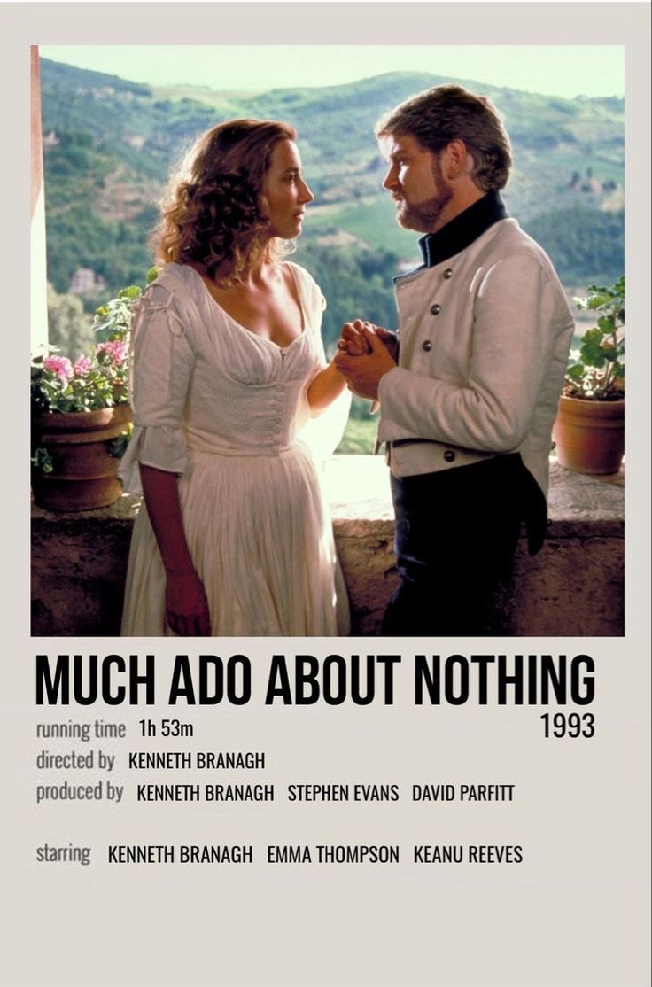 the poster for much ad about nothing showing two people talking to each other, with mountains in the background