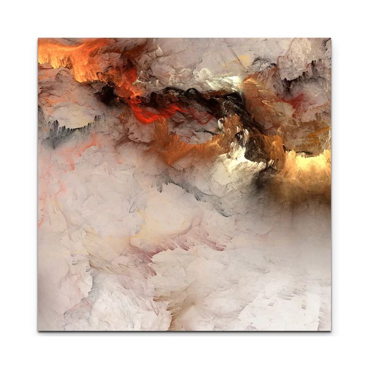 an abstract painting with white, brown and orange colors on it's surface is featured in this image