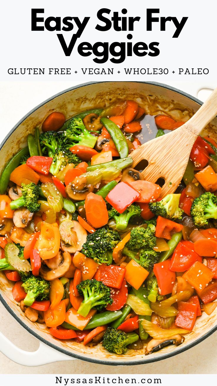 an easy stir fry with vegetables in a skillet on the side and title text overlay