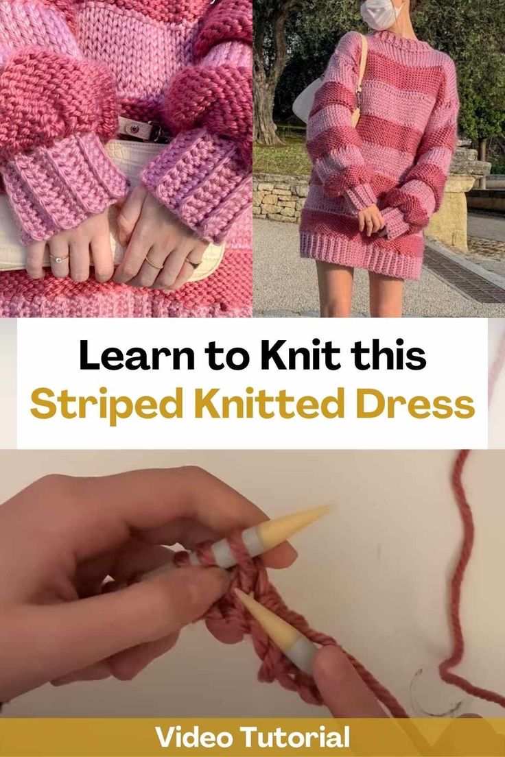 the video is showing how to knit this striped knitted dress with two hands and yarn needles