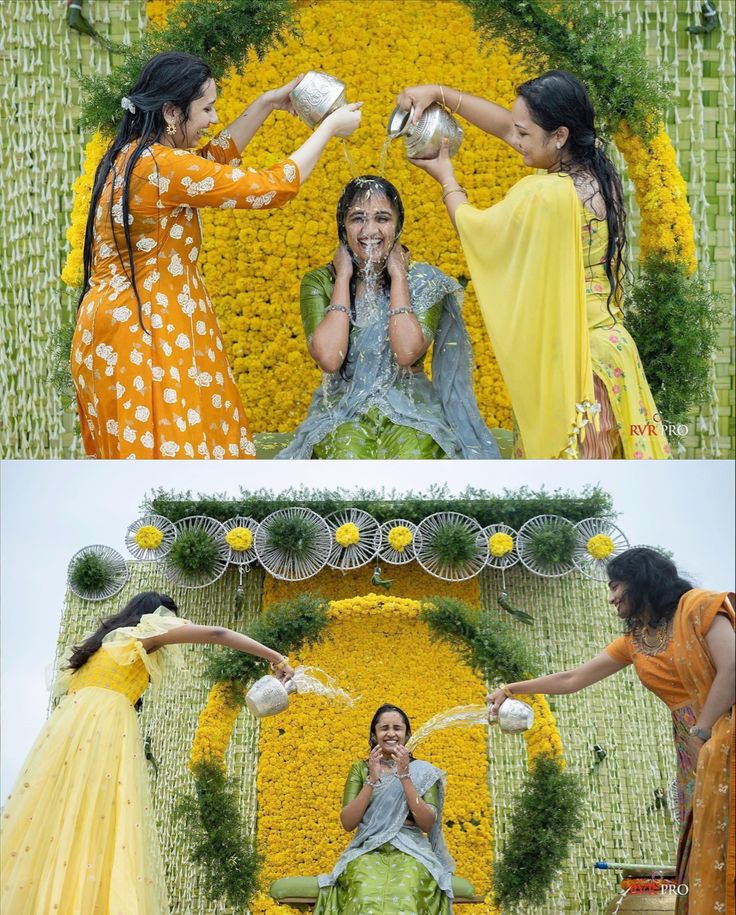 two women in yellow and green dresses, one is pouring water on another woman's head