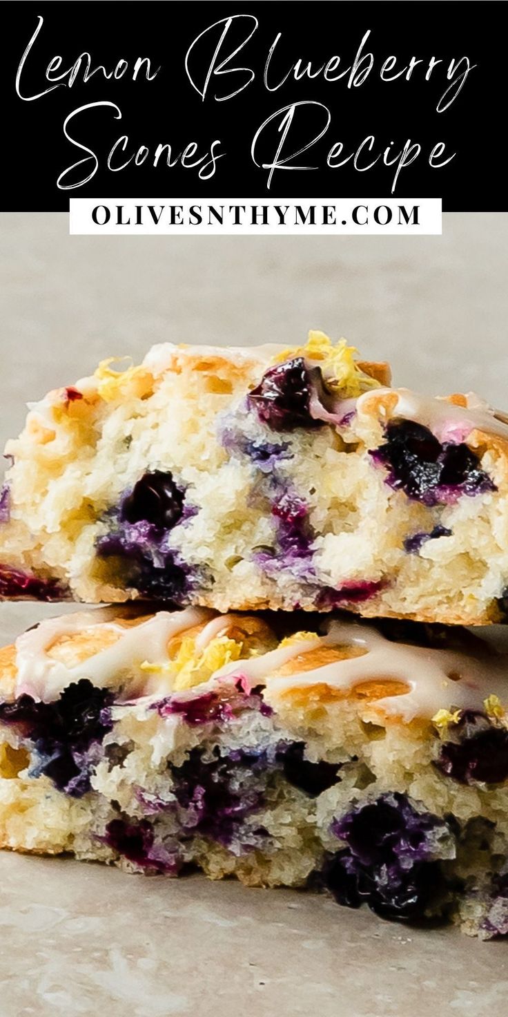 two blueberry scones with white glaze on top and the words lemon blueberry scones recipe above it