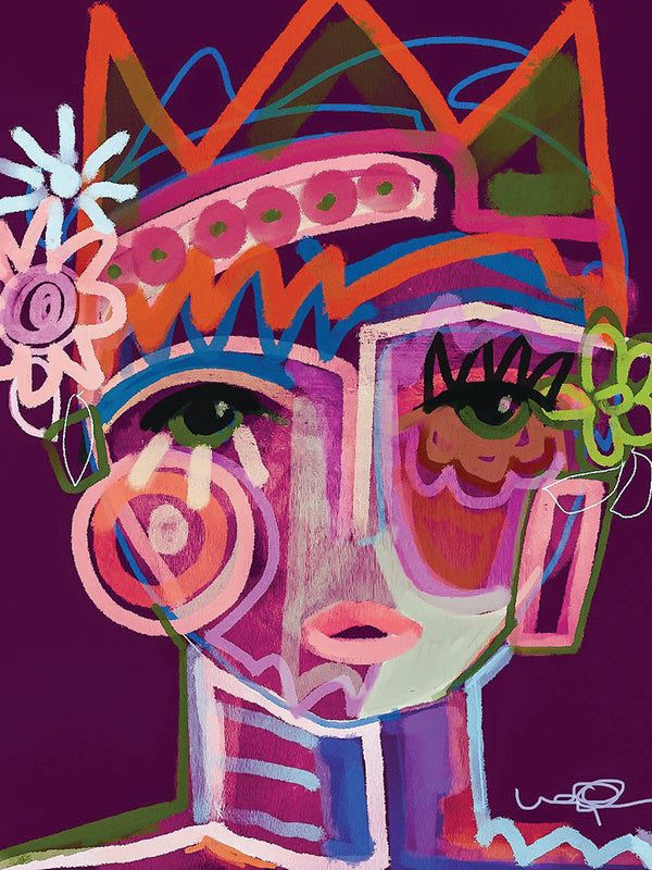 an abstract painting of a woman's face with flowers in her hair and eyes