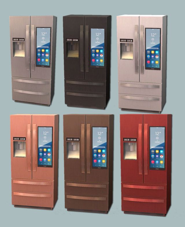 four different colored refrigerators with electronic screens on the doors and one has a cell phone in it