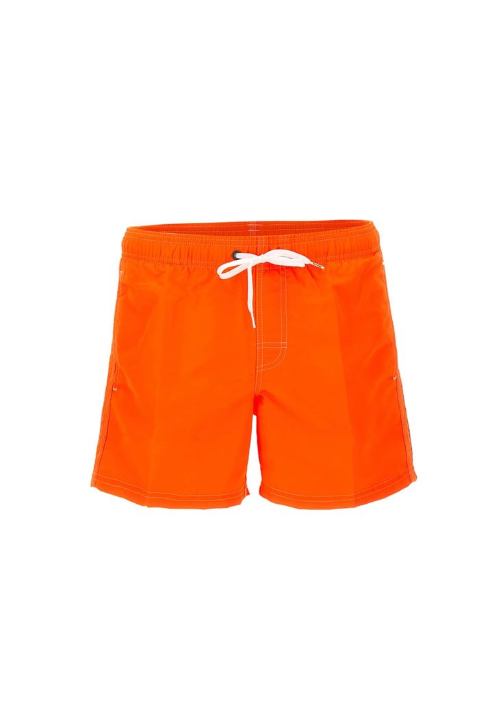 Sundek 'Boardshort' men's swimsuit, fluo orange, contrasting color profiles, low elastic waist with night-white drawstring and logoed ends, two side welt pockets, one back pocket with velcro and applied logo patch, regular fit. Composition: 100% Poliammide Orange Swim Trunks For Beach Season, Orange Beachwear Swim Trunks For Beach Season, Orange Summer Swim Trunks, Orange Short Swim Trunks For Beachwear, Orange Beachwear Shorts For Poolside, Orange Nylon Swimwear For Vacation, Orange Short Swimwear For Beach, Orange Short Swimwear For Vacation, Orange Swim Trunks For Beach