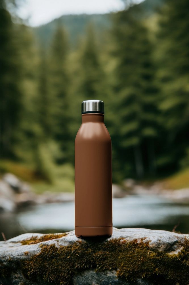 a brown water bottle sitting on top of a rock