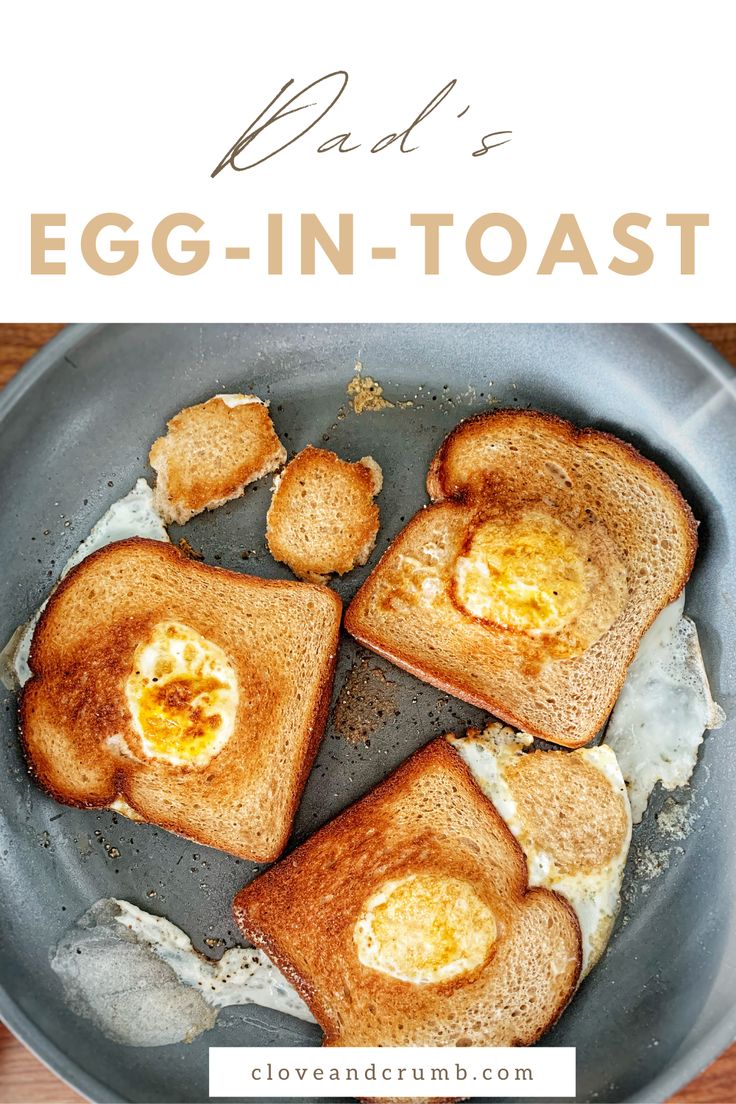 eggs in toast on a pan with text overlay