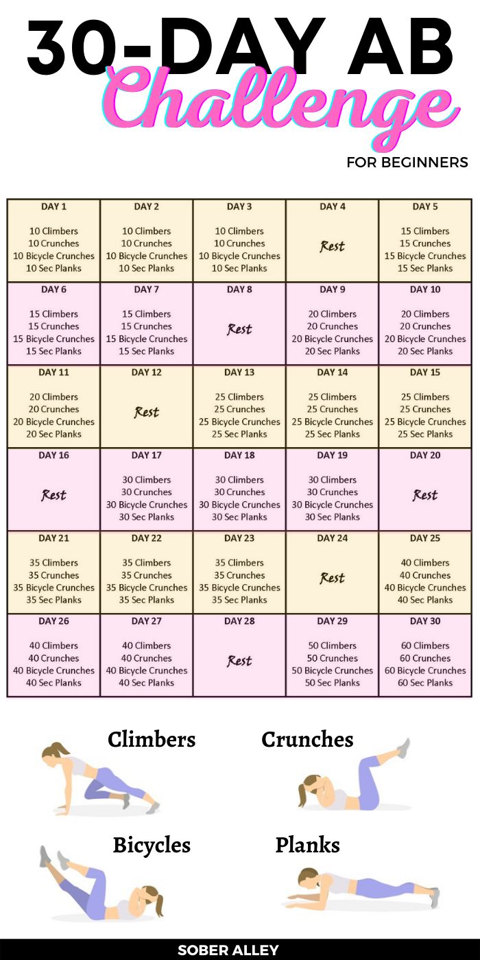 the 30 - day ab challenge for beginners is shown in pink and white, with text