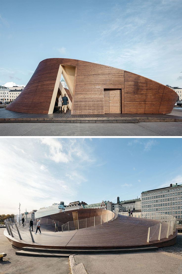 two photographs side by side with people walking on the sidewalk and in front of a large wooden structure