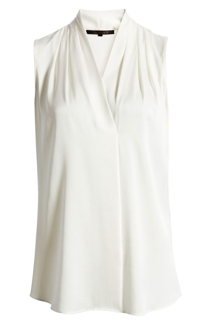 Soft ruching at the stand collar and shoulders releases elegant drape to the surplice front of a versatile shell sewn from stretch-woven silk. 27" length (size Medium) V-neck Sleeveless Sheer 91% silk, 9% elastane Dry clean By Kobi Halperin; imported Individualist Elegant Draped White Blouse, Elegant White Draped Blouse, Elegant Draped Blouse For Workwear, Elegant Draped Workwear Blouse, Elegant Sleeveless Blouse For Daywear, Elegant Fitted Top With Band Neckline, Elegant Fitted Tops With Band Neckline, Elegant Blouse With Folds For Spring, Elegant Sleeveless Workwear Blouse