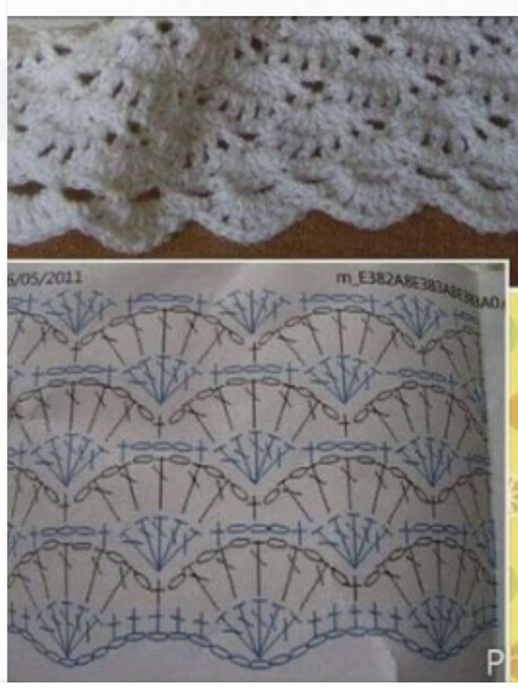 crochet patterns are shown on the left and right side of this photo, along with an example of how to use them