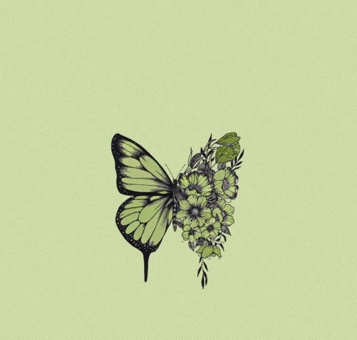 a butterfly sitting on top of a bunch of green flowers in front of a light green background