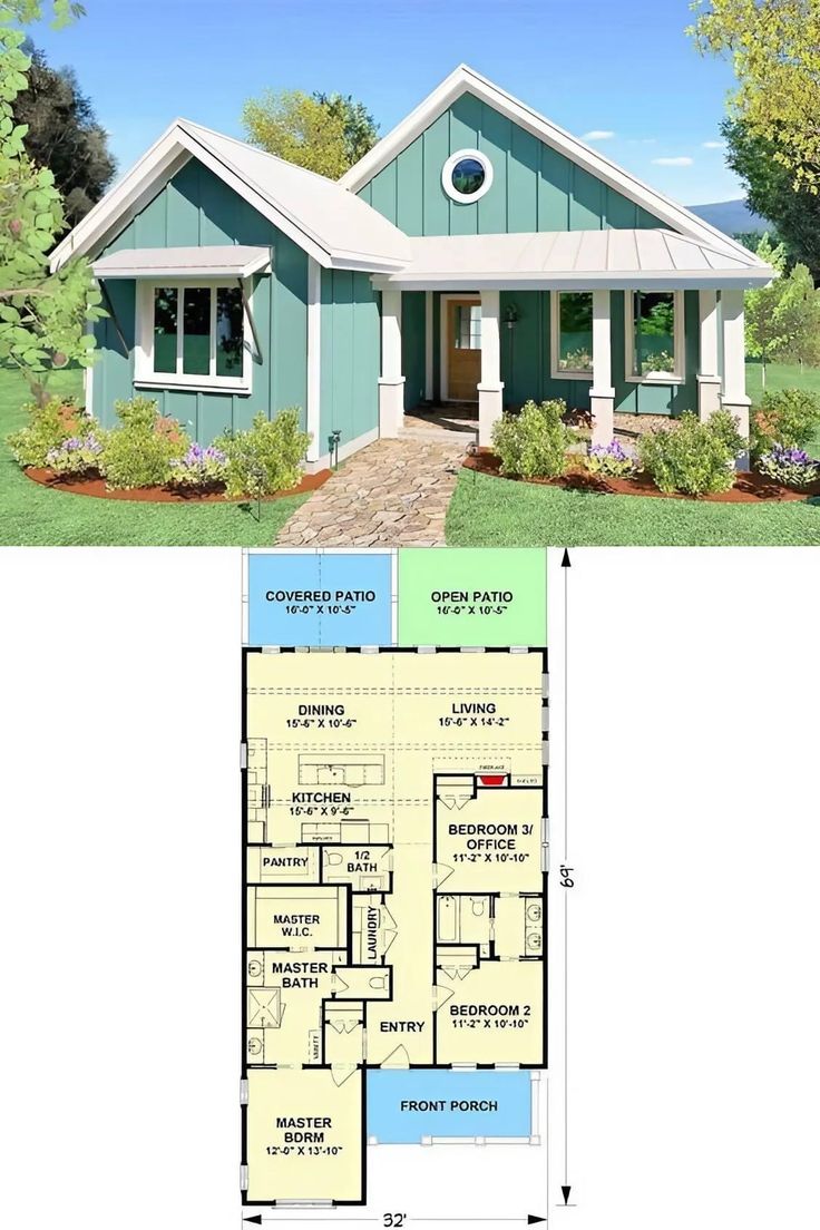 a blue house with the floor plan for it