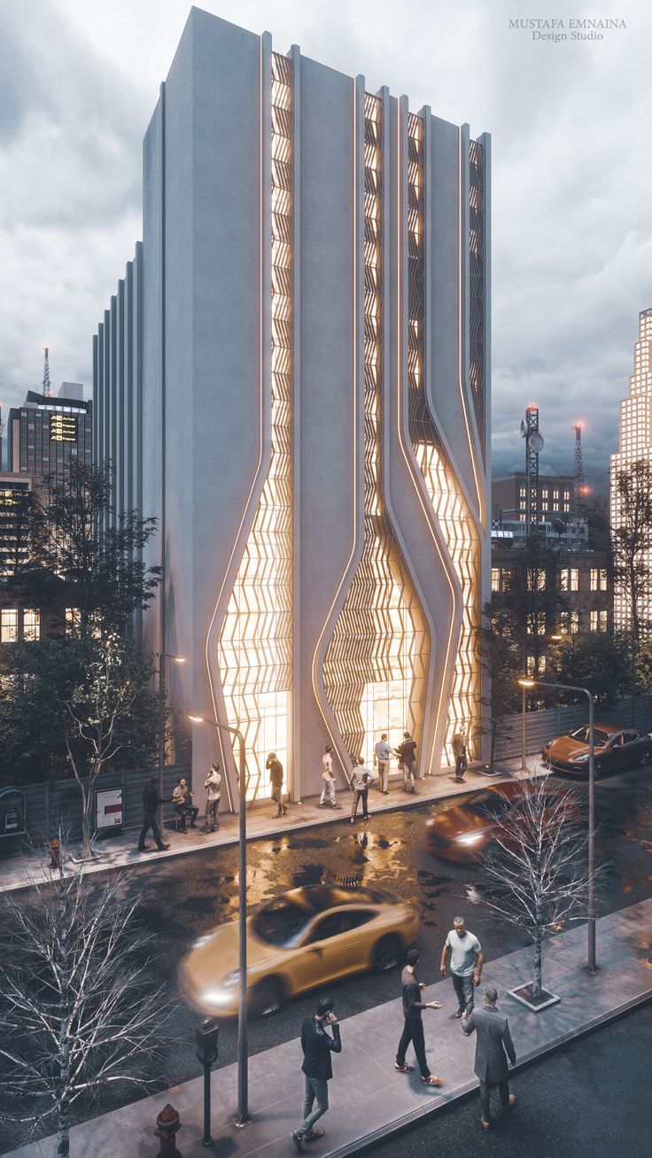 people are walking on the sidewalk in front of a tall building with intricately designed windows