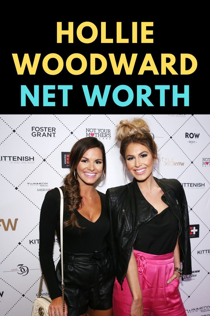 two women standing next to each other in front of a sign that says hollie woodward net worth