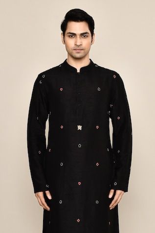 Black kurta featuring poker motif hand embroidery in the front and sleeves. Paired with a solid black salwar. - Aza Fashions Black Tops With Resham Embroidery For Festivals, Designer Embroidered Black Kurta, Designer Black Embroidered Kurta, Traditional Black Top With Embroidered Border, Black Tops With Chikankari Embroidery For Festive Occasion, Traditional Black Tops With Embroidered Border, Festive Black Top With Chikankari Embroidery, Traditional Long Sleeve Wear With Embroidery, Black Straight Kurta With Motifs