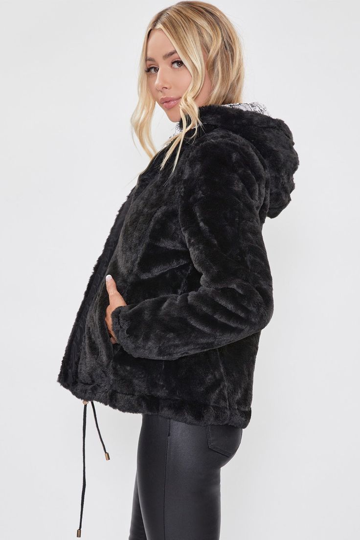 Add some edgy layers to all your go-to outfits this season with our Women's Faux Fur Reversible Jacket. Complete with all standard trademarks: side pockets, hood, faux fur lining, front zip closure, drawstring at hip for comfortable fit, shining hardware and a reversable option. Composition For Color BLACK, BLACK/SNAKE and BLACK/LEOPARD: - Lining: 100% Polyester • Machine wash cold. • Model is wearing a size S in color BLACK, BLACK/SNAKE and BLACK/LEOPARD. Hooded Faux Fur Coat For Fall, Hooded Fur Coat With Faux Fur Lining For Fall, Trendy Hooded Fur Coat For Cold Weather, Casual Black Fur Coat With Faux Fur Lining, Cozy Black Outerwear With Faux Fur Trim, Fall Hooded Faux Fur Jacket With Fur Trim, Fall Faux Fur Hooded Jacket With Faux Fur Trim, Fall Hooded Jacket With Faux Fur Lining, Casual Black Faux Fur Coat