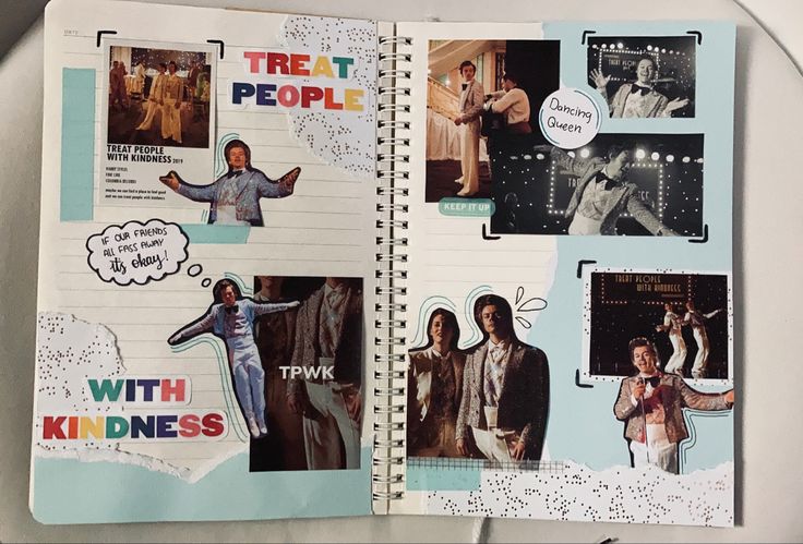 an open notebook with pictures of people and words on it that read treat people with kindness