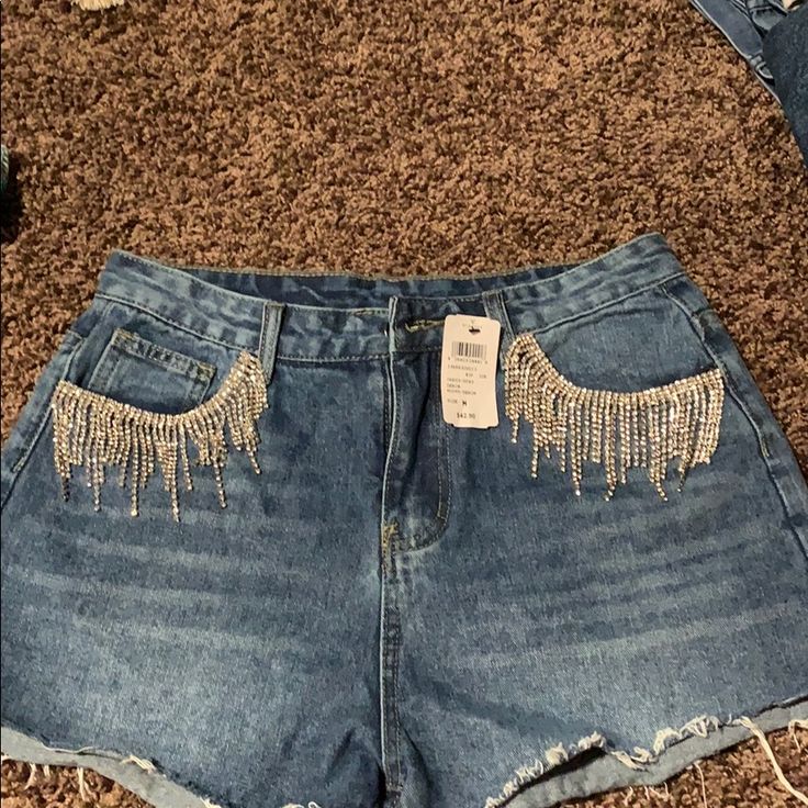 Super Cute , Never Worn Before Trendy High Waist Jean Shorts For Parties, Casual Cutoff Jean Shorts For Party, Trendy Cutoff Bottoms For Party, Trendy Cutoff Bottoms For Night Out, Dark Wash Bottoms For Night Out In Spring, Casual Denim Bottoms For Party, Casual Denim Party Bottoms, Trendy Party Jeans With Pockets, Trendy Denim Jean Shorts For Night Out