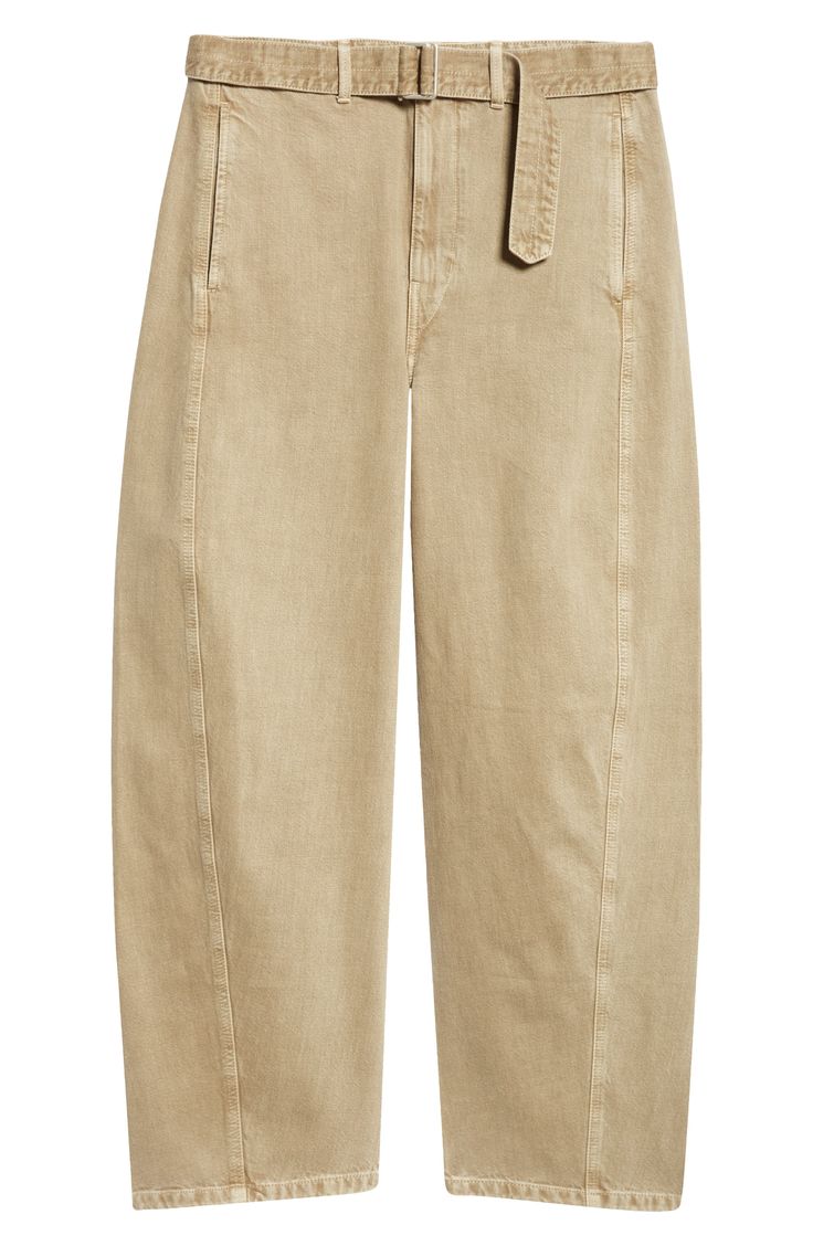 In these belted cotton pants, a purposeful twist to the seamwork seems to pare back the outsized silhouette. Zip fly with hook-and-bar closure Front welt pockets; back patch pockets Removable belt 100% cotton Hand wash, dry flat Imported Designer Clothing Cotton Workwear Bottoms With Belt, Belted Cotton Pants With Tapered Leg, Cotton Wide Leg Bottoms With Belt Detail, Wide Leg Cotton Bottoms With Belt Detail, Chic Cotton Bottoms With Belt Detail, Belted Straight Leg Cotton Bottoms, Cotton Wide Leg Bottoms With Belt, High Waist Cotton Bottoms With Belt Detail, Belted Straight Leg Cotton Pants