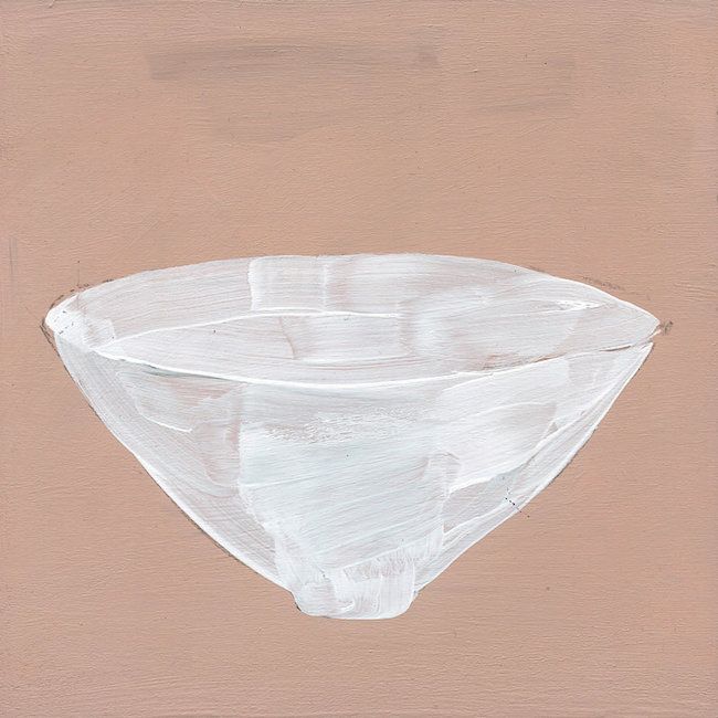 a painting of a white bowl on a brown background