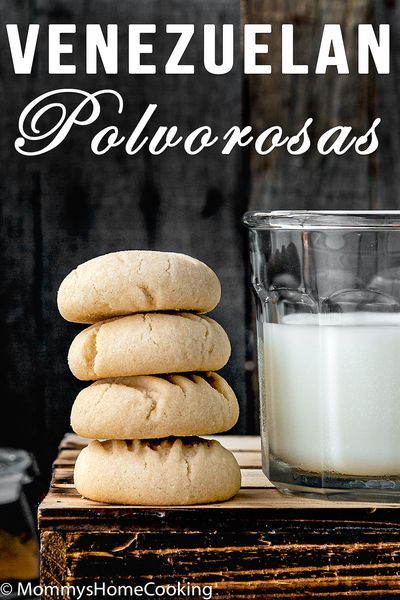 a stack of cookies next to a glass of milk with the words venezuela pelucosas on it