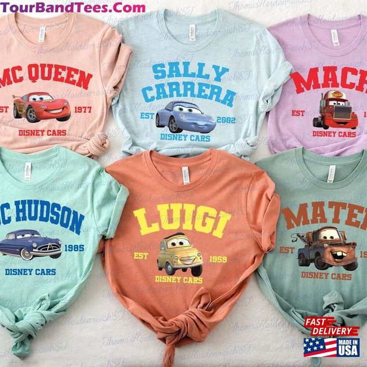 four cars t - shirts are shown in different colors and sizes, including one with the name