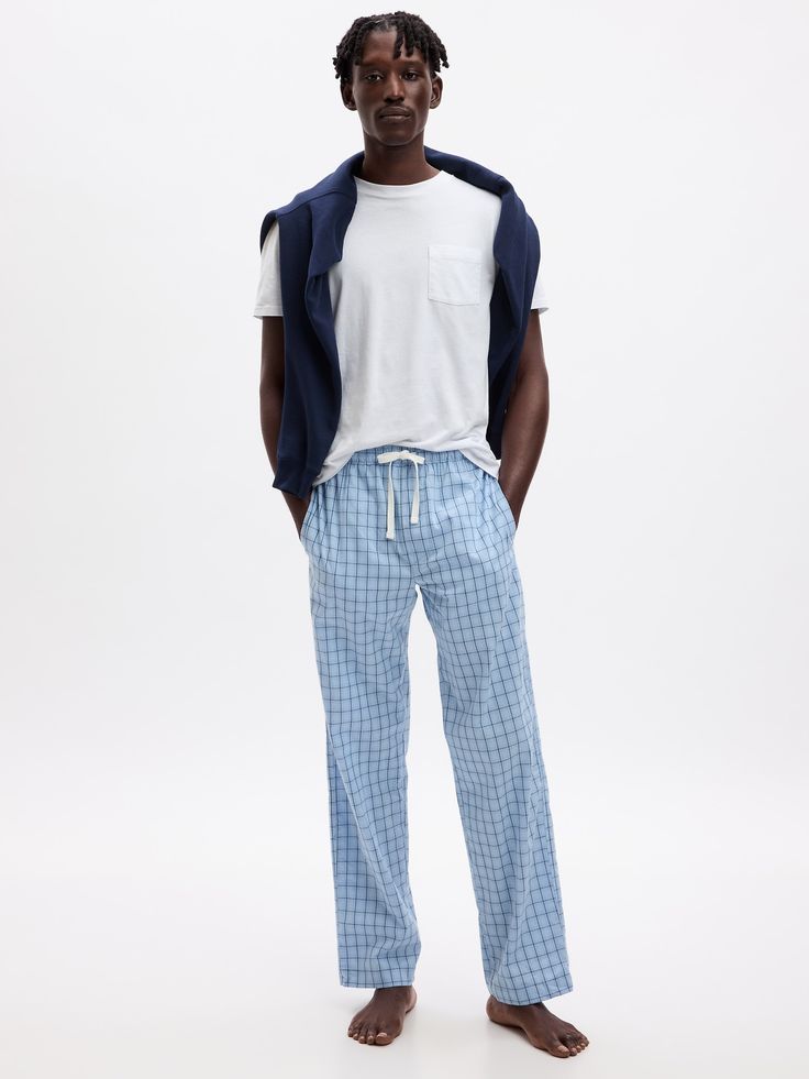 Soft cotton weave.  Elasticized drawstring waist.  Certain styles have allover prints.  Sits at the natural waist.  Easy through the hip and thigh. Mens Fleece Pj Pants, Mens Pj Poplin Pants, Plaid Pj Pants Mens, Pants Light Blue, Mens Pyjama Bottoms, Light Blue Plaid, Mens Pajama Pants, Adult Pajamas, Striped Pyjamas