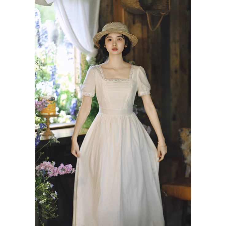 A beautiful, fleeting, sweet romance. A retro dress with a dreamy shimmer. The neckline and cuffs are decorated with lace embroidery. An item that gives a sophisticated and classic impression. 
 
 ＜Size＞ 
 
 S size 
 
 Length: 121cm 
 Shoulder width: 35cm 
 Bust: 86cm 
 Waist: 70cm 
 Sleeve length: 23cm 
 
 M size 
 
 Length: 122cm 
 Shoulder width: 36cm 
 Bust: 90cm 
 Waist: 74cm 
 Sleeve length: 23.5cm 
 
 L size 
 
 Length: 123cm 
 Shoulder width: 37cm 
 Bust: 94cm 
 Waist: 78cm 
 Sleeve leng Classic Fitted Lace Dress, Fitted Classic Lace Dress, Elegant Cotton A-line Vintage Dress, Classic Vintage A-line Dress With Fitted Bodice, Elegant Vintage Dress With Fitted Bodice, Tea Length, Elegant Victorian Dress With Lace Sleeves For Spring, Elegant Vintage Dress For Wedding, Elegant Fitted Victorian Dress With Lace Sleeves, Spring Dresses With Lace Sleeves And Fitted Bodice