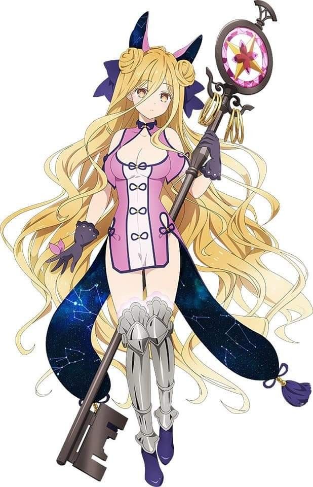 an anime character with long blonde hair holding a key and wearing a pink outfit, while standing