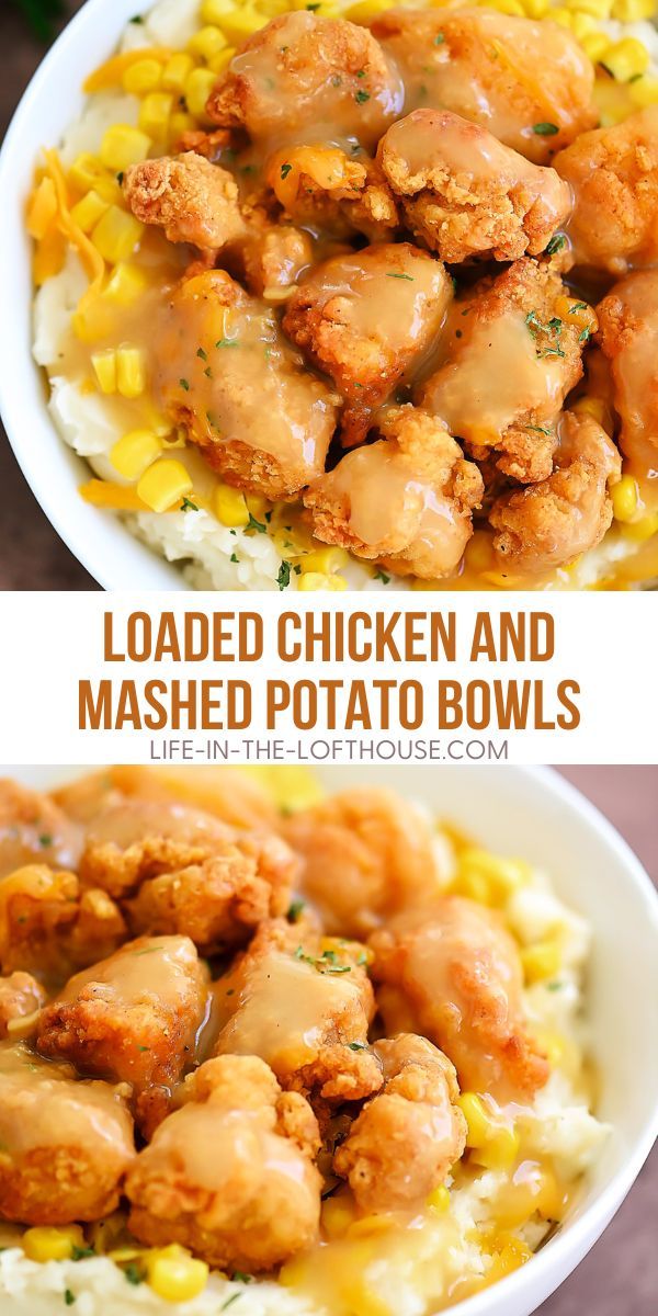 chicken and mashed potato bowls with gravy on top