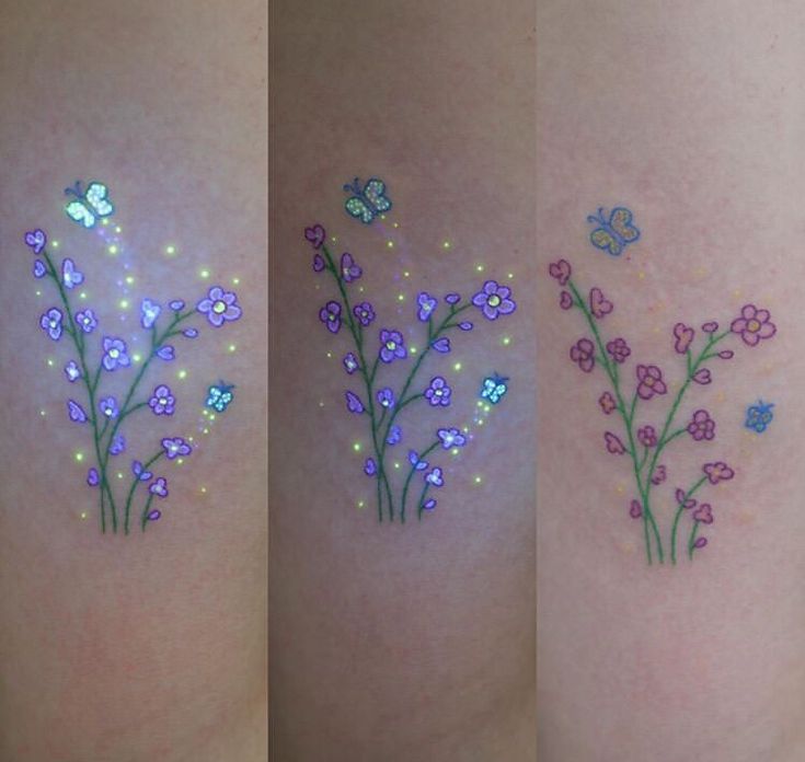 three different images of tattoos with flowers and butterflies on their thighs, one is blue and the other is pink