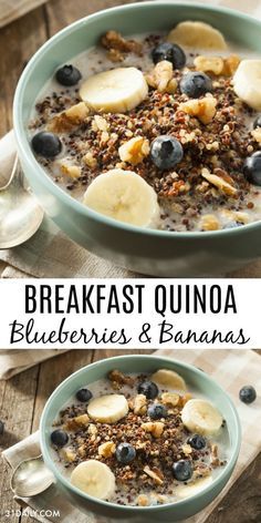 breakfast quinoa with blueberries and bananas in a bowl