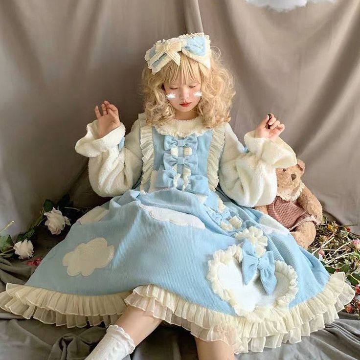 Blue Ruffled Winter Dress, Blue Winter Dresses With Ruffles, Blue Ruffled Dresses For Winter, Cute Doll Collar Winter Dress, Cute Winter Dress With Doll Collar, White Harajuku Dress With Doll Collar, Cute Sleeveless Winter Dress, Blue Harajuku Dress With Ruffles, Winter Harajuku Ruffled Dress