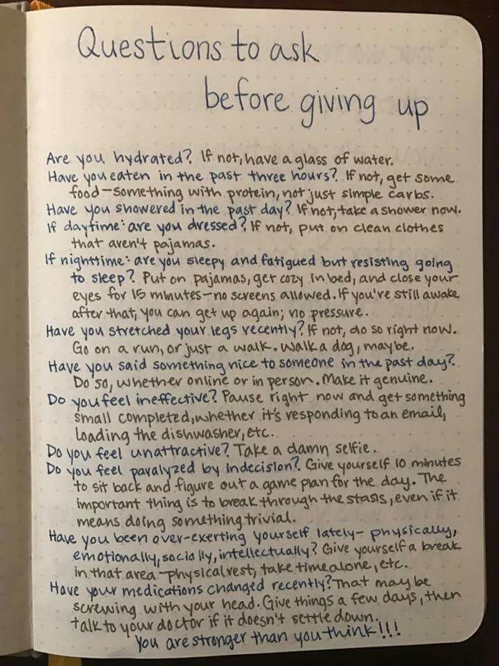 an open notebook with writing on it that says, questions to ask before giving up