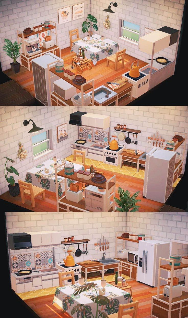 three different views of a kitchen and dining room