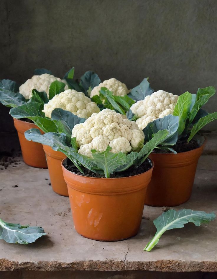 several potted cauliflower are sitting on a ledge