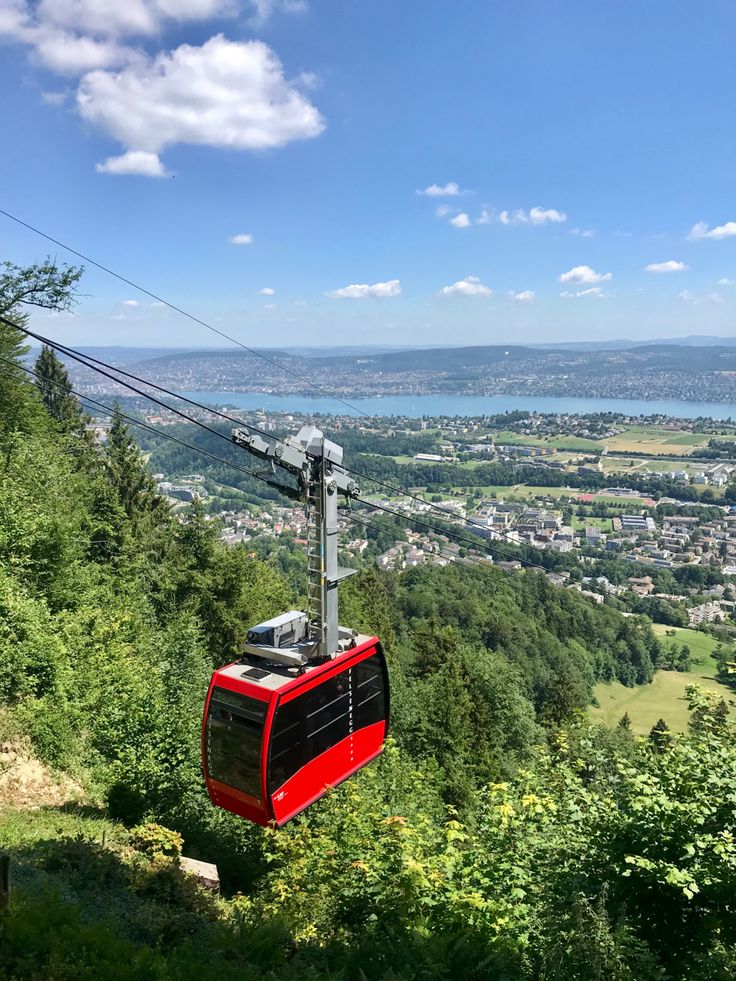 a red and black cable car going up a hill with trees on both sides in the foreground