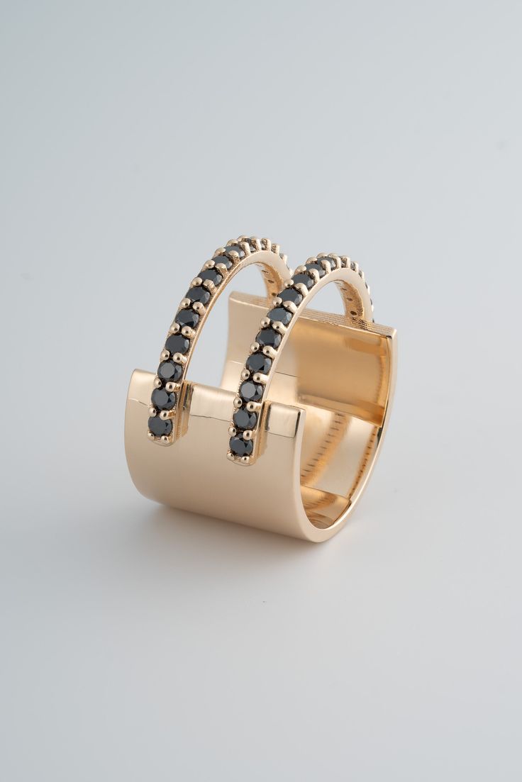 The Double Anni Ring is based on one of our first best selling STVDIO styles, the Anni Ring which debuted in 2014. Our Fine Version is an ode to the original, featuring a thick 14k Gold Band backing that is accompanied by two thin black diamond pave bands that run along the top of the ring. Wear as a statement on its own, or stacked with another thin ring for an even bolder look. This piece is a made to order item, created just for you, making it final sale . Please allow 6-8 weeks for delivery. Dope Jewelry Accessories, Pave Diamond Band, Pave Band, Dope Jewelry, Jewelry Inspo, Dream Jewelry, Gold Jewelry Fashion, Ear Jewelry, Gold Band