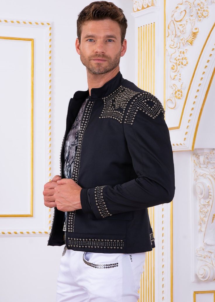 Take your tailoring to the next level with this silver studded jacket It is not easy to reinterpret the look of an iconic piece of clothing The studded Jacket uses premium detailing to create a uniquely tailored piece. Our signature stand-up collar adds dimension to the fit while a sustainable lining completes the construction A statement jacket for any occassion- dinner, party and special night Limited-Edition It's finished with silver-tone stud embellishments Full studded on the sleeves, shoul Fitted Rivets Outerwear For Party, Fitted Outerwear With Rivets For Party, Fitted Party Outerwear With Rivets, Party Outerwear With Studs And Long Sleeves, Studded Party Outerwear, Fitted Studded Outerwear For Party, Fitted Studs Outerwear For Party, Fitted Party Outerwear With Studs, Luxury Tailored Embellished Outerwear