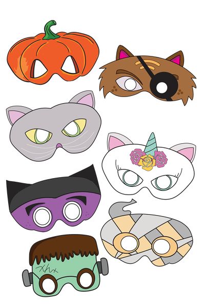 four masks with different designs on them, one is wearing a cat mask and the other has